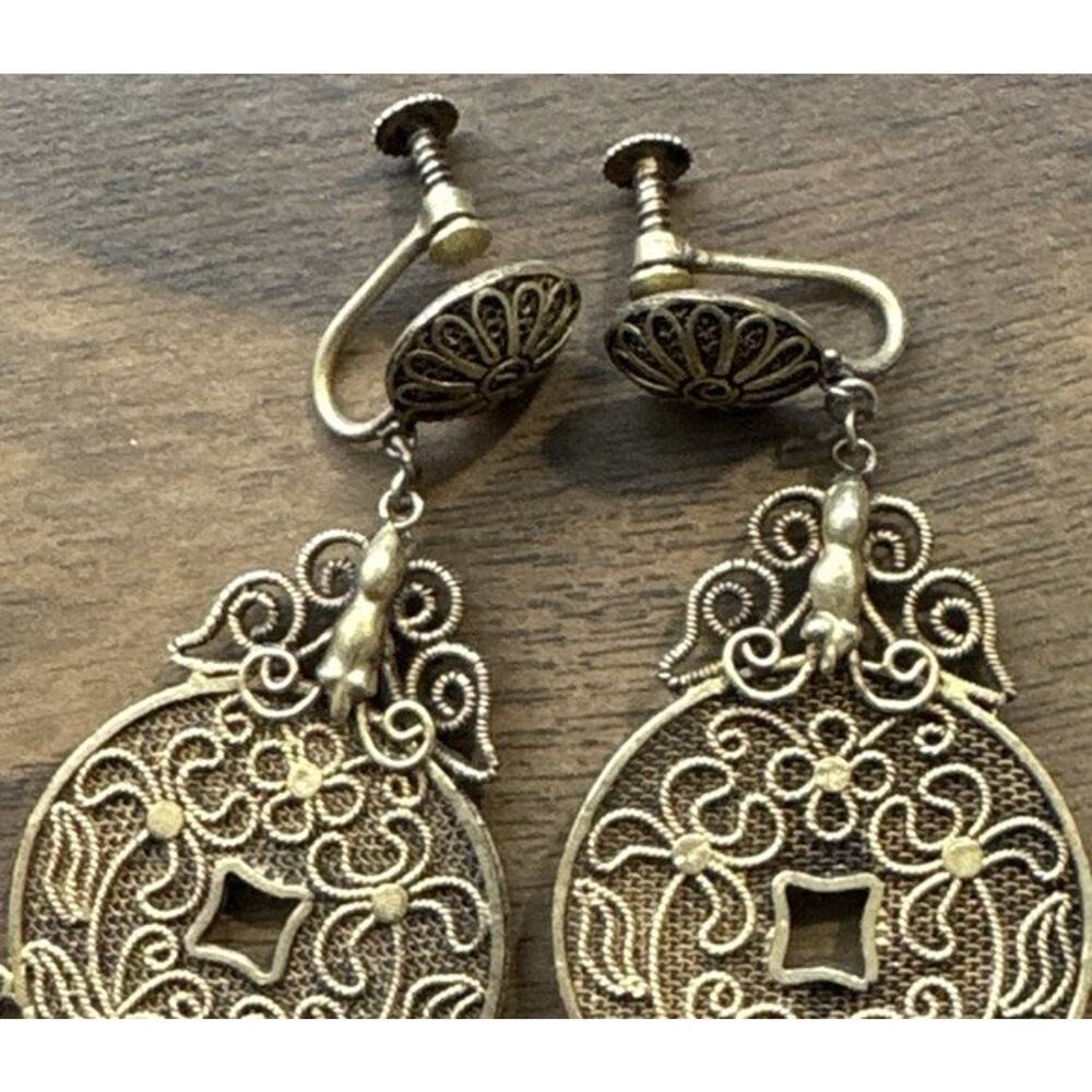 VtG 1930s Chinese Export Coin Filigree Mesh Dangle Green Stone Beads Earrings - Picture 7 of 10